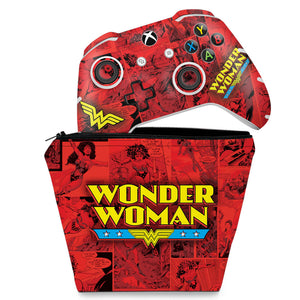 KIT Capa Case e Skin Anti-Rage Xbox One Slim X Controle - Mulher Maravilha Comics
