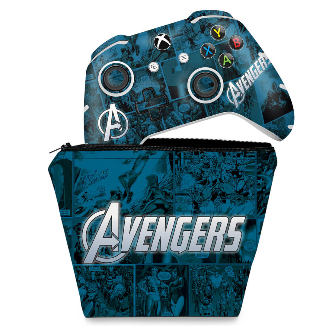 KIT Capa Case e Skin Anti-Rage Xbox One Slim X Controle - Avengers Vingadores Comics