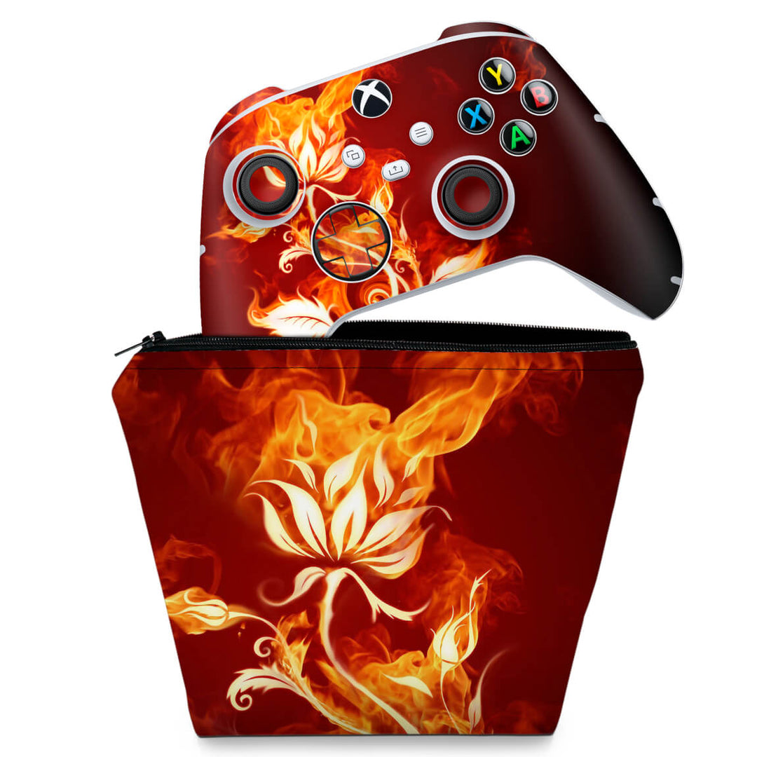 KIT Capa Case e Skin Anti-Rage Xbox Series S X Controle - Fire Flower - Pop Arte Skins