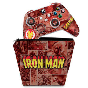 KIT Capa Case e Skin Anti-Rage Xbox Series S X Controle - Homem De Ferro Comics - Pop Arte Skins