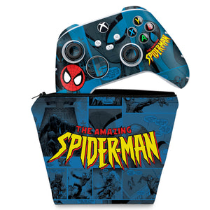 KIT Capa Case e Skin Anti-Rage Xbox Series S X Controle - Homem-Aranha Spider-Man Comics - Pop Arte Skins
