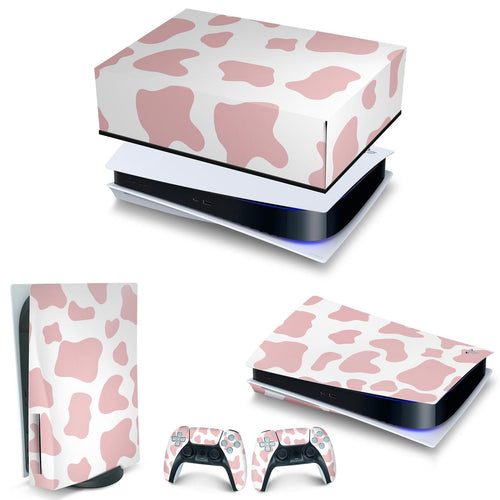 KIT Capa Anti Poeira e Skin Anti-Rage PS5 Fat Horizontal - Vaquinha Rosa