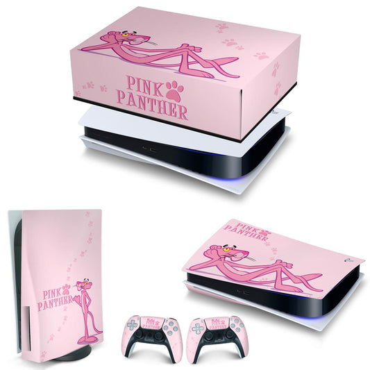 KIT PS5 Fat Capa Anti Poeira e Skin Anti-Rage Horizontal - Pantera Cor de Rosa