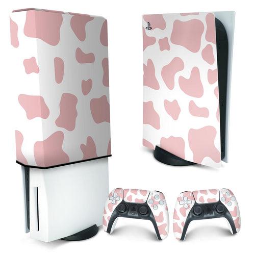 KIT Capa Anti Poeira e Skin Anti-Rage PS5 Fat Vertical - Vaquinha Rosa