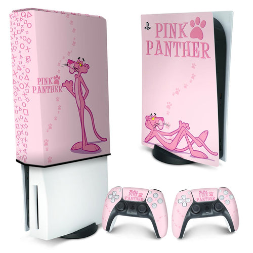 KIT Capa Anti Poeira e Skin Anti-Rage PS5 Fat Vertical - Pantera Cor de Rosa