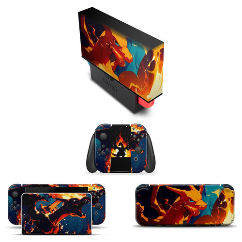 KIT Capa Anti Poeira e Skin Anti-Rage Nintendo Switch 1 Oled - Chamas de Charizard