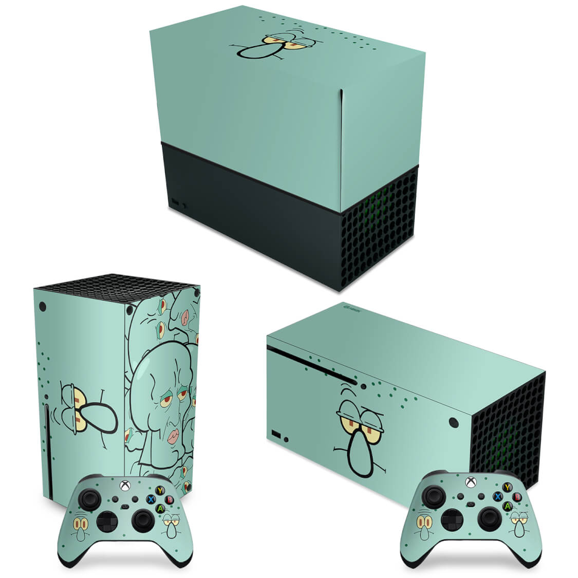 KIT Xbox Series X Capa Anti Poeira e Skin Anti-Rage Horizontal - Lula Molusco Bob Esponja