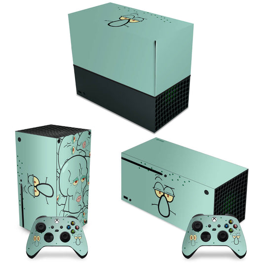 KIT Xbox Series X Capa Anti Poeira e Skin Anti-Rage Horizontal - Lula Molusco Bob Esponja