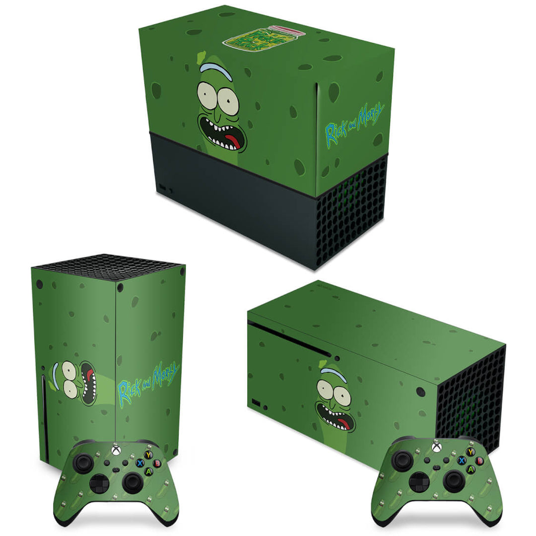 KIT Capa Anti Poeira e Skin Anti-Rage Xbox Series X Horizontal - Pickle Rick And Morty - Pop Arte Skins