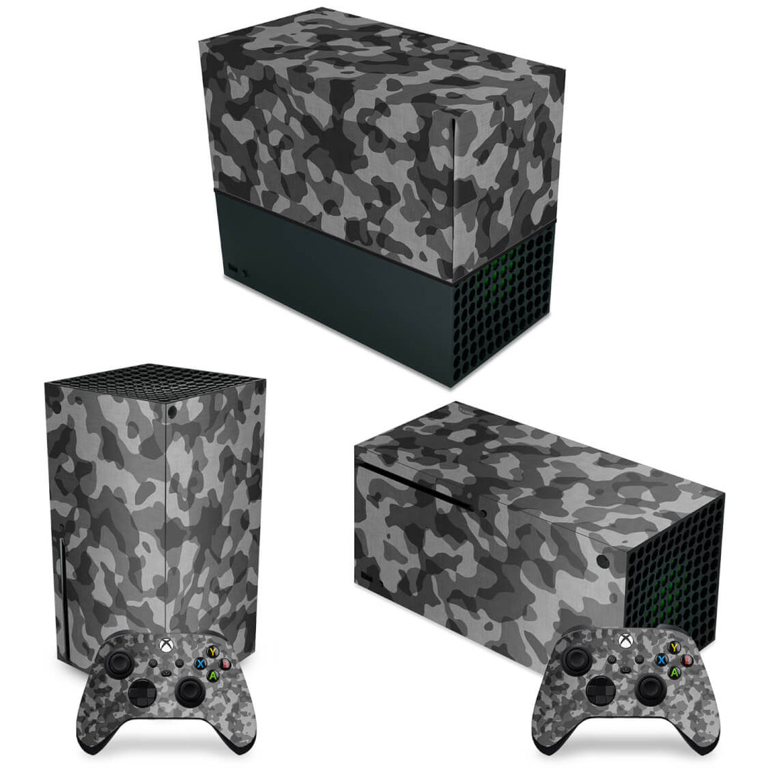 KIT Capa Anti Poeira e Skin Anti-Rage Xbox Series X Horizontal - Camuflado Cinza - Pop Arte Skins
