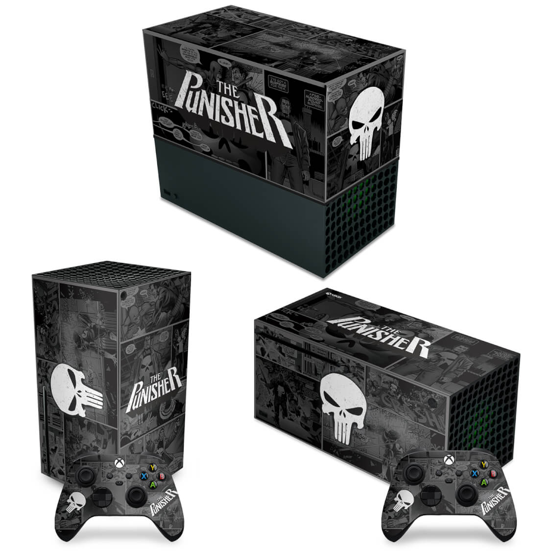 KIT Xbox Series X Capa Anti Poeira e Skin Anti-Rage Horizontal - The Punisher Justiceiro Comics