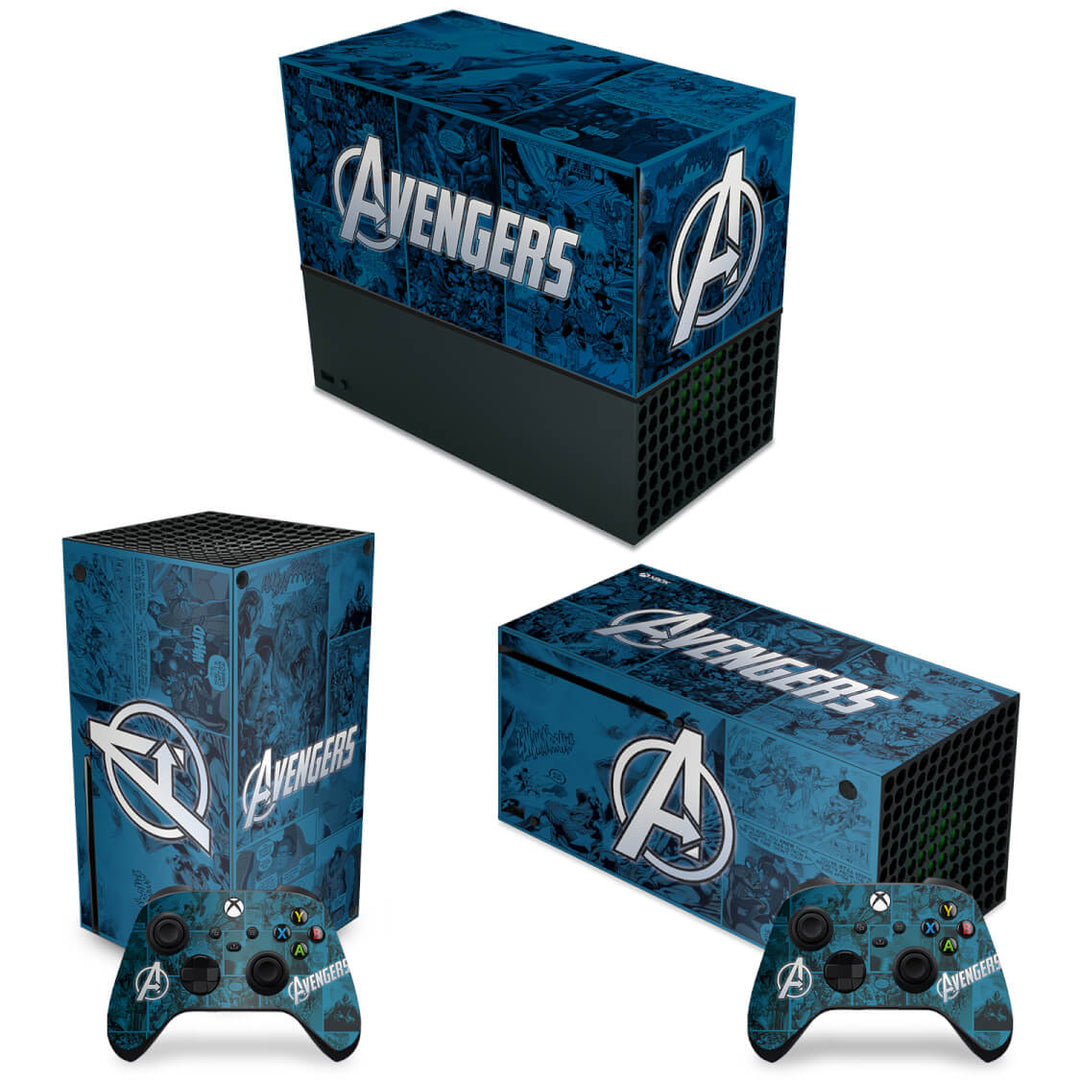 KIT Capa Anti Poeira e Skin Anti-Rage Xbox Series X Horizontal - Avengers Vingadores Comics - Pop Arte Skins