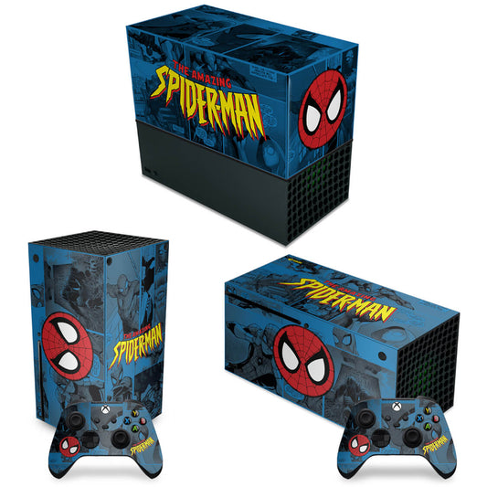 KIT Xbox Series X Capa Anti Poeira e Skin Anti-Rage Horizontal - Homem-Aranha Spider-Man Comics