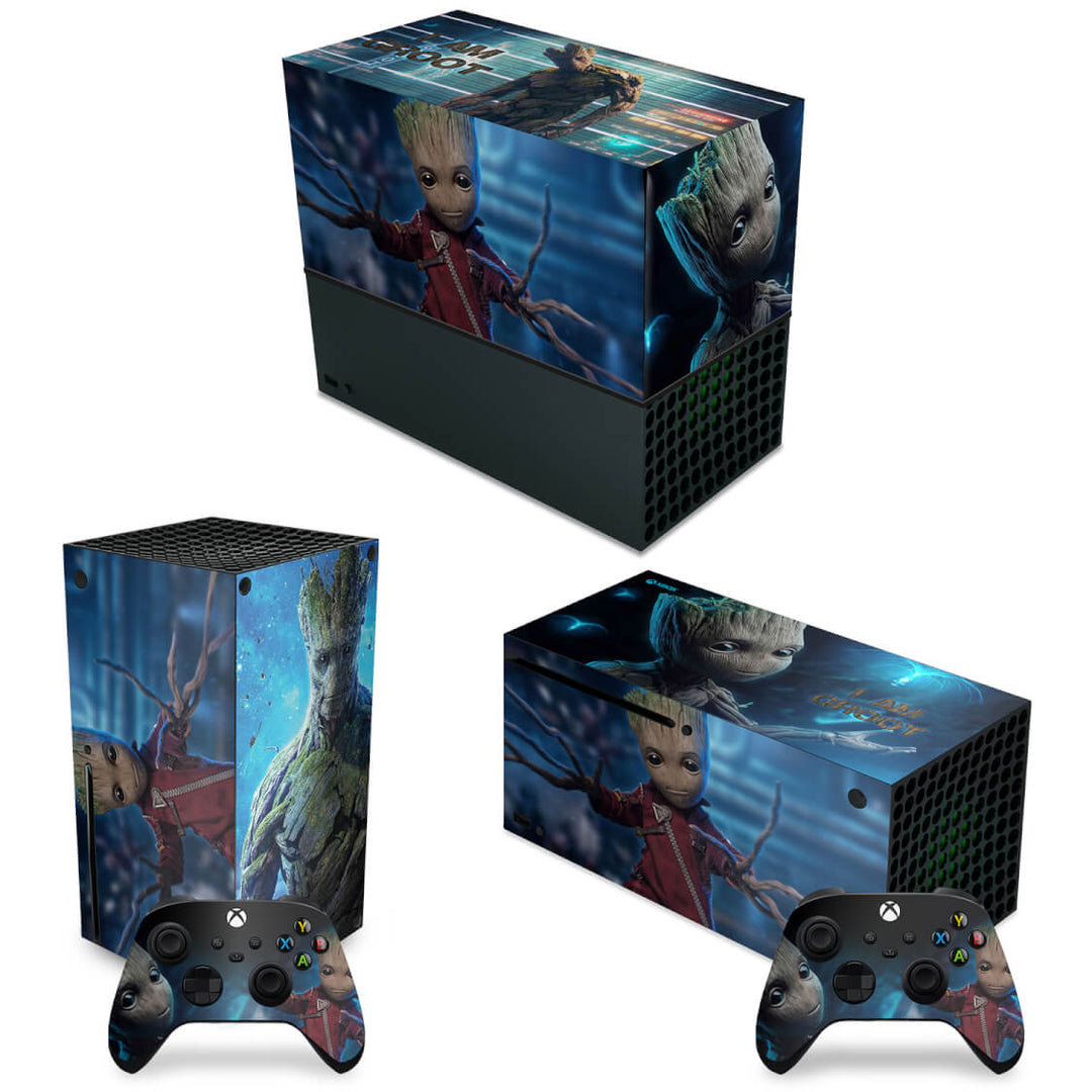 KIT Capa Anti Poeira e Skin Anti-Rage Xbox Series X Horizontal - Baby Groot - Pop Arte Skins