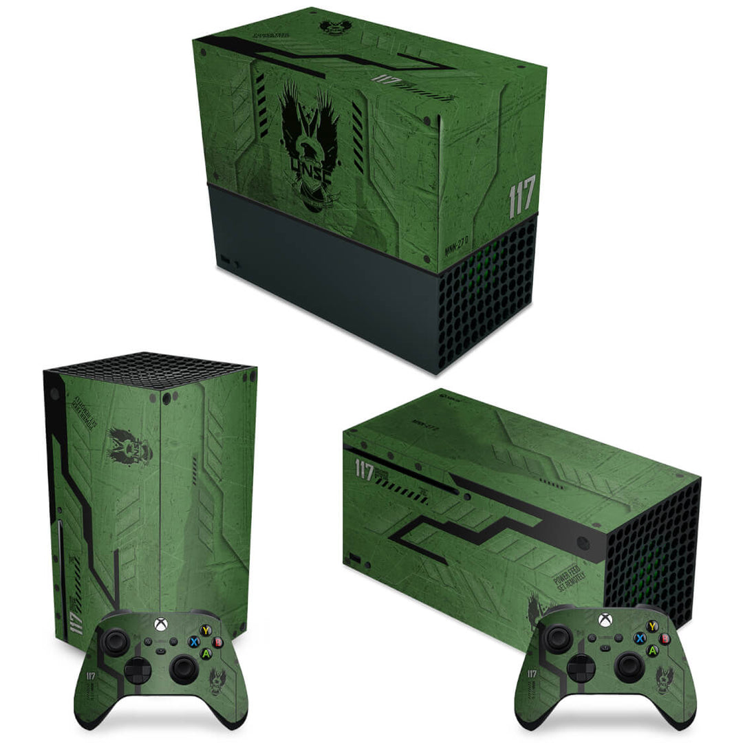 KIT Capa Anti Poeira e Skin Anti-Rage Xbox Series X Horizontal - Halo Infinite - Pop Arte Skins