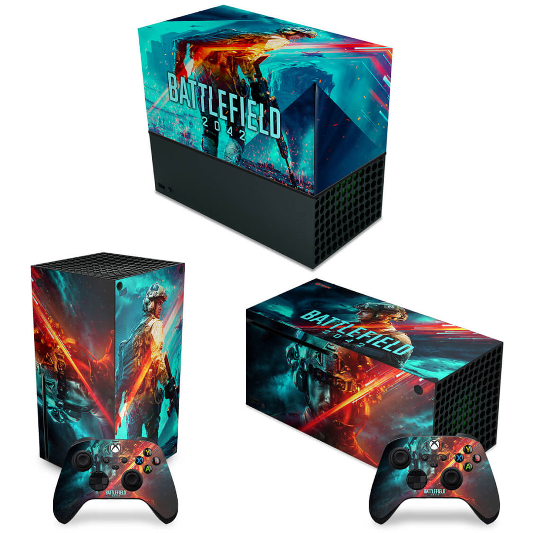KIT Capa Anti Poeira e Skin Anti-Rage Xbox Series X Horizontal - Battlefield 2042 - Pop Arte Skins