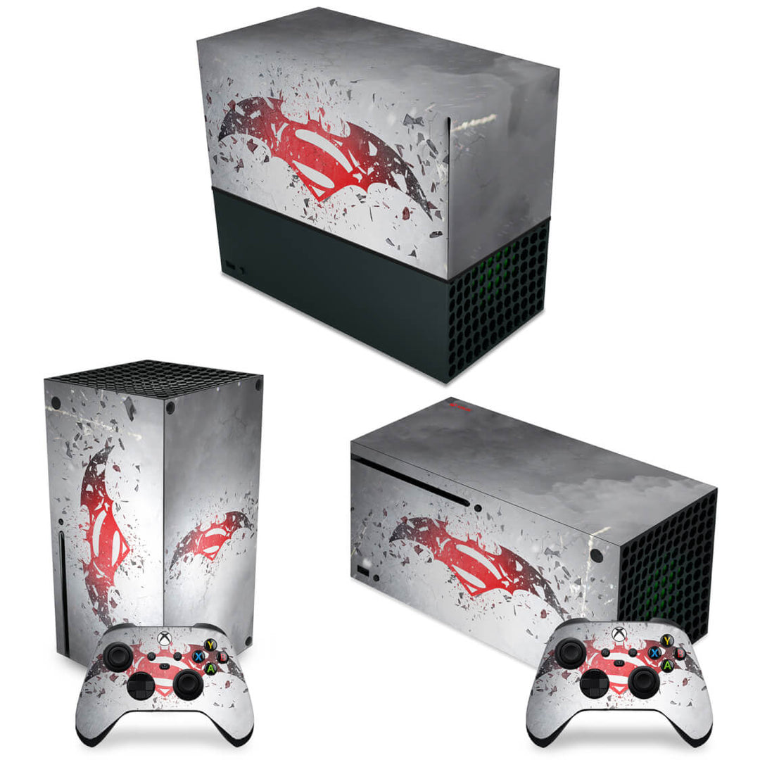 KIT Capa Anti Poeira e Skin Anti-Rage Xbox Series X Horizontal - Batman Vs Superman Logo - Pop Arte Skins