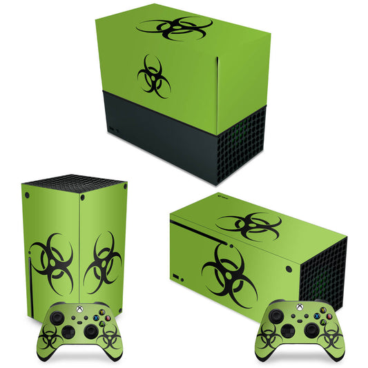 KIT Xbox Series X Capa Anti Poeira e Skin Anti-Rage Horizontal - Biohazard Radioativo