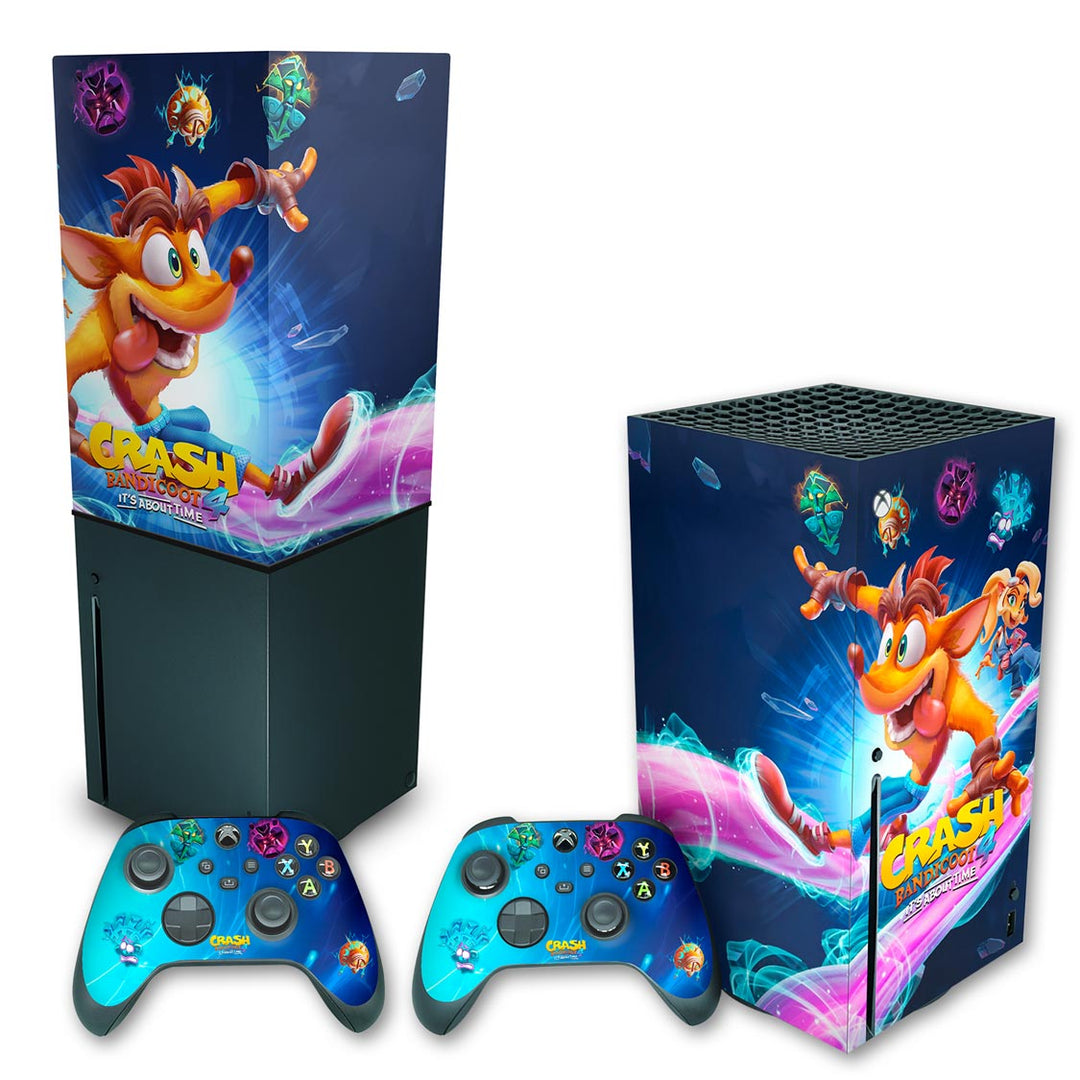 KIT Capa Anti Poeira e Skin Anti-Rage Xbox Series X Vertical - Crash Bandicoot 4 - Pop Arte Skins