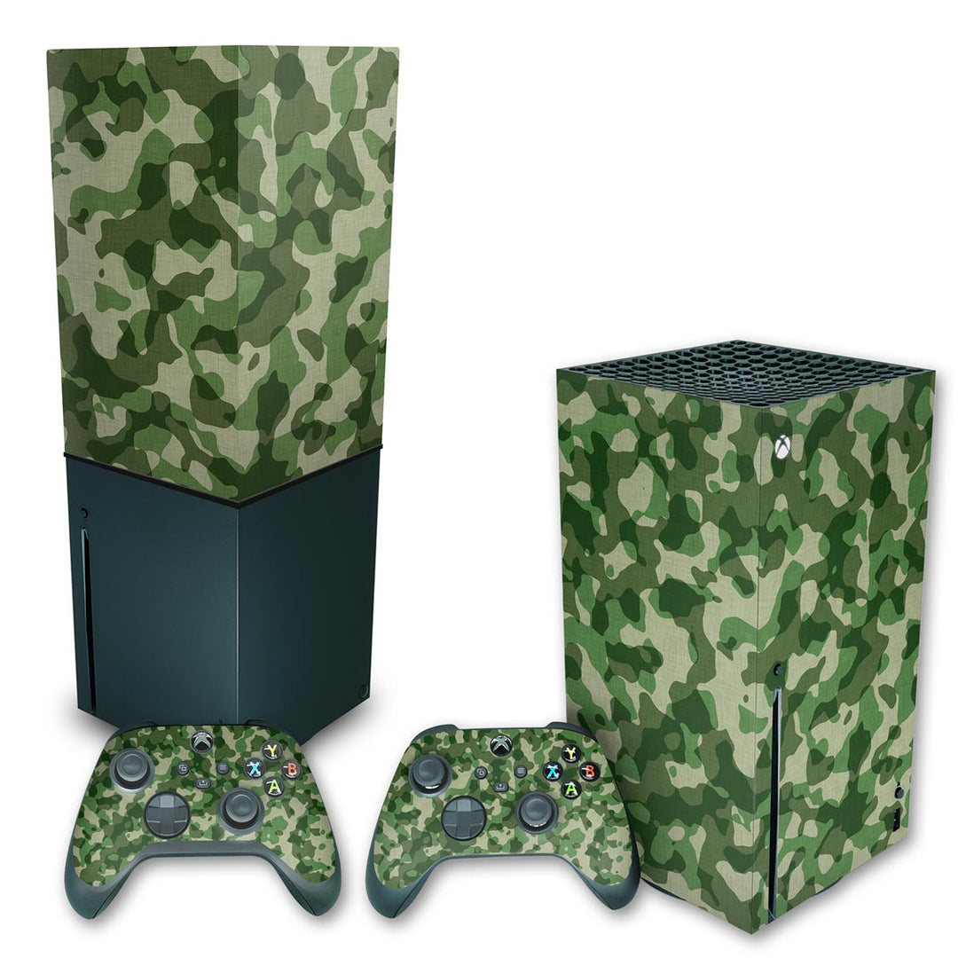 KIT Capa Anti Poeira e Skin Anti-Rage Xbox Series X Vertical - Camuflado Verde - Pop Arte Skins