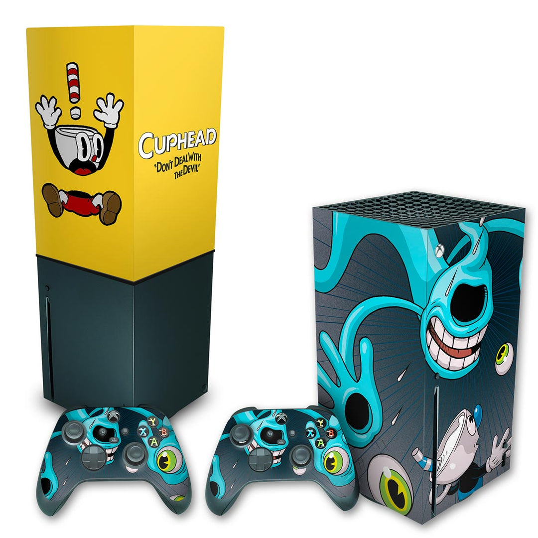KIT Capa Anti Poeira e Skin Anti-Rage Xbox Series X Vertical - Cuphead - Pop Arte Skins