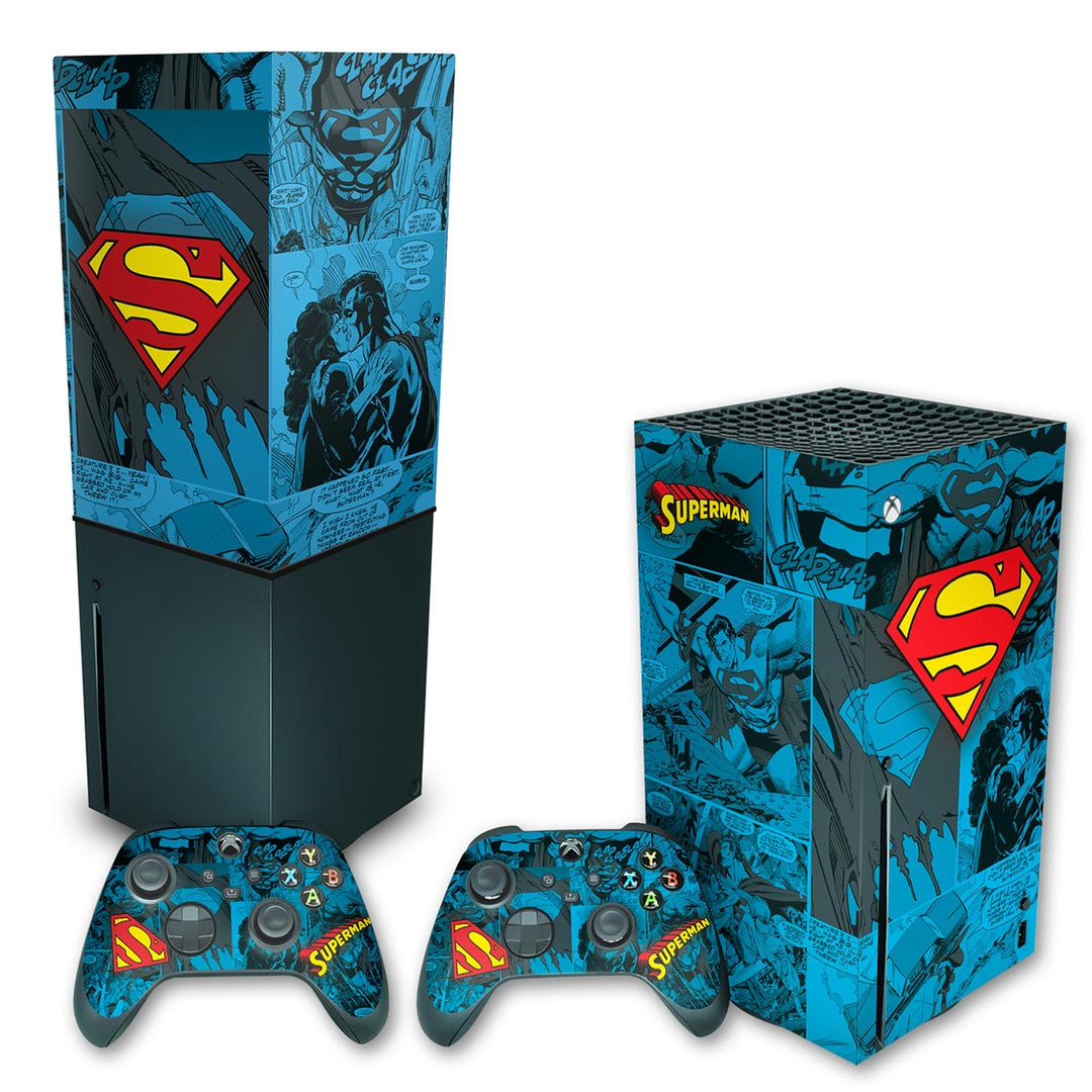KIT Capa Anti Poeira e Skin Anti-Rage Xbox Series X Vertical - Superman Comics - Pop Arte Skins
