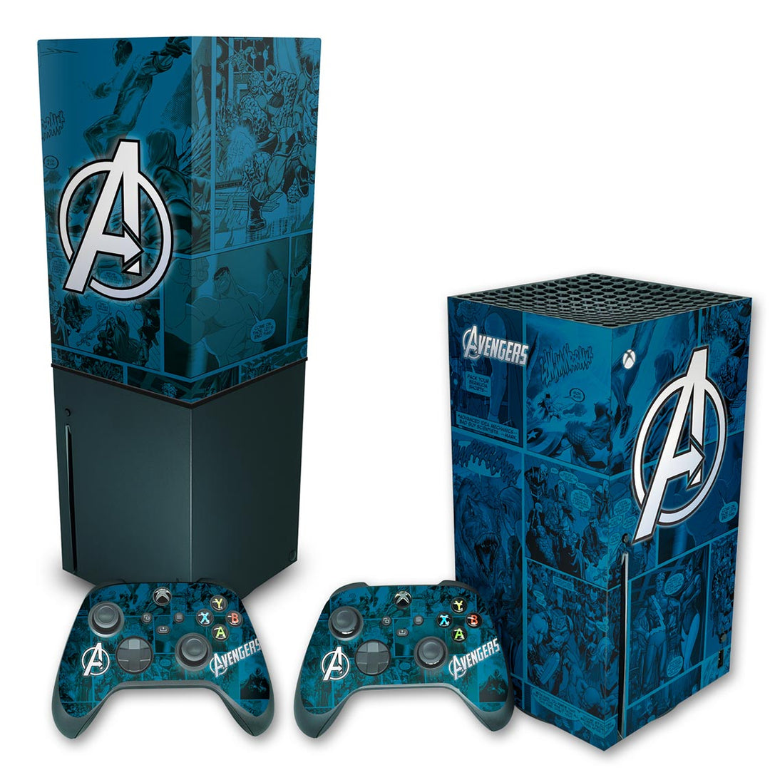 KIT Capa Anti Poeira e Skin Anti-Rage Xbox Series X Vertical - Avengers Vingadores Comics - Pop Arte Skins