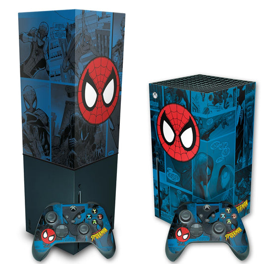 KIT Xbox Series X Skin Anti-Rage e Capa Anti Poeira Vertical - Homem-Aranha Spider-Man Comics