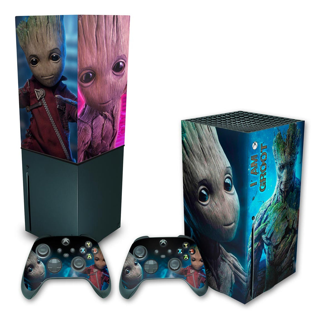 KIT Capa Anti Poeira e Skin Anti-Rage Xbox Series X Vertical - Baby Groot - Pop Arte Skins