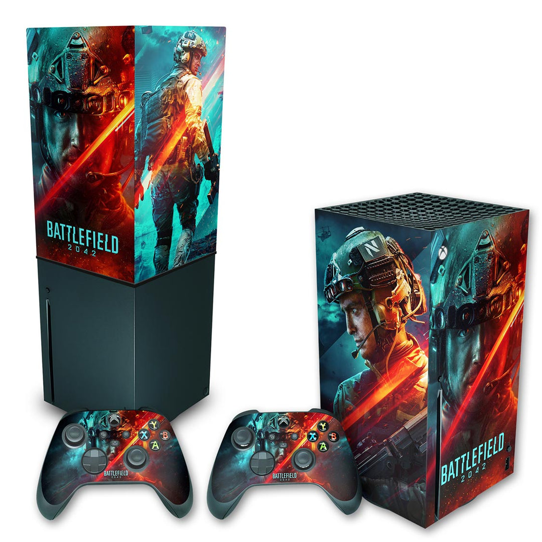 KIT Capa Anti Poeira e Skin Anti-Rage Xbox Series X Vertical - Battlefield 2042 - Pop Arte Skins