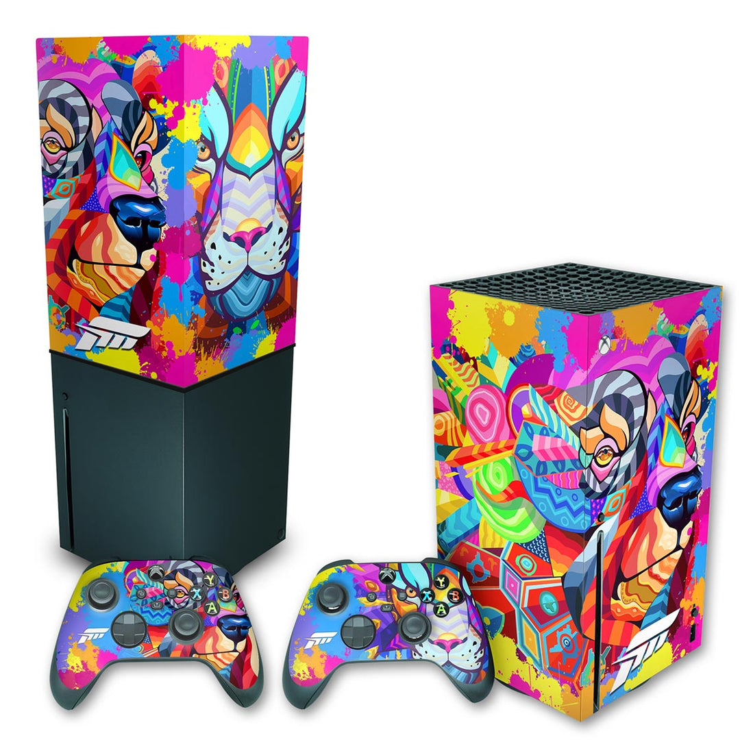 KIT Capa Anti Poeira e Skin Anti-Rage Xbox Series X Vertical - Forza Horizon 5 - Pop Arte Skins