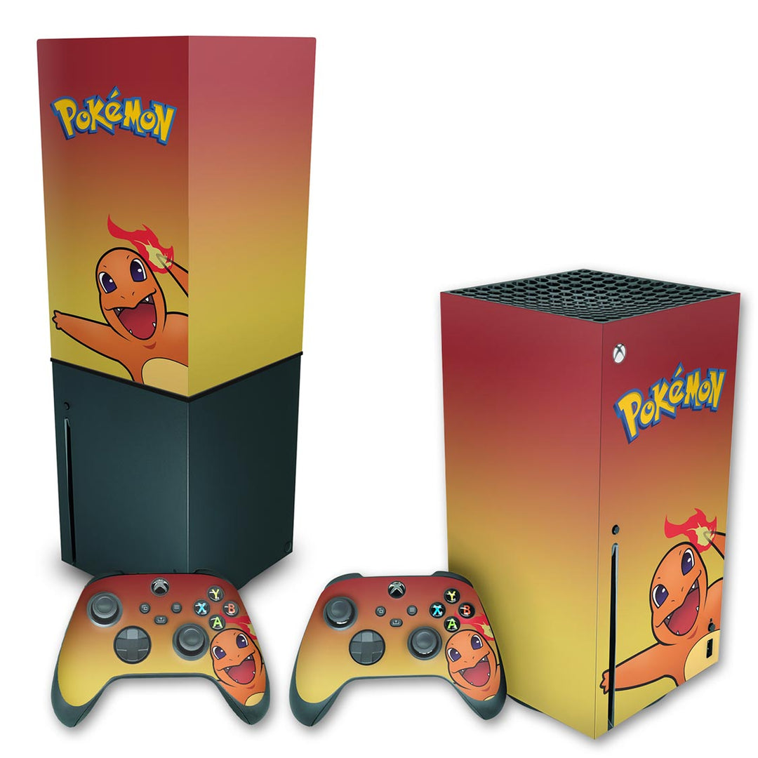 KIT Capa Anti Poeira e Skin Anti-Rage Xbox Series X Vertical - Pokemon Charmander - Pop Arte Skins