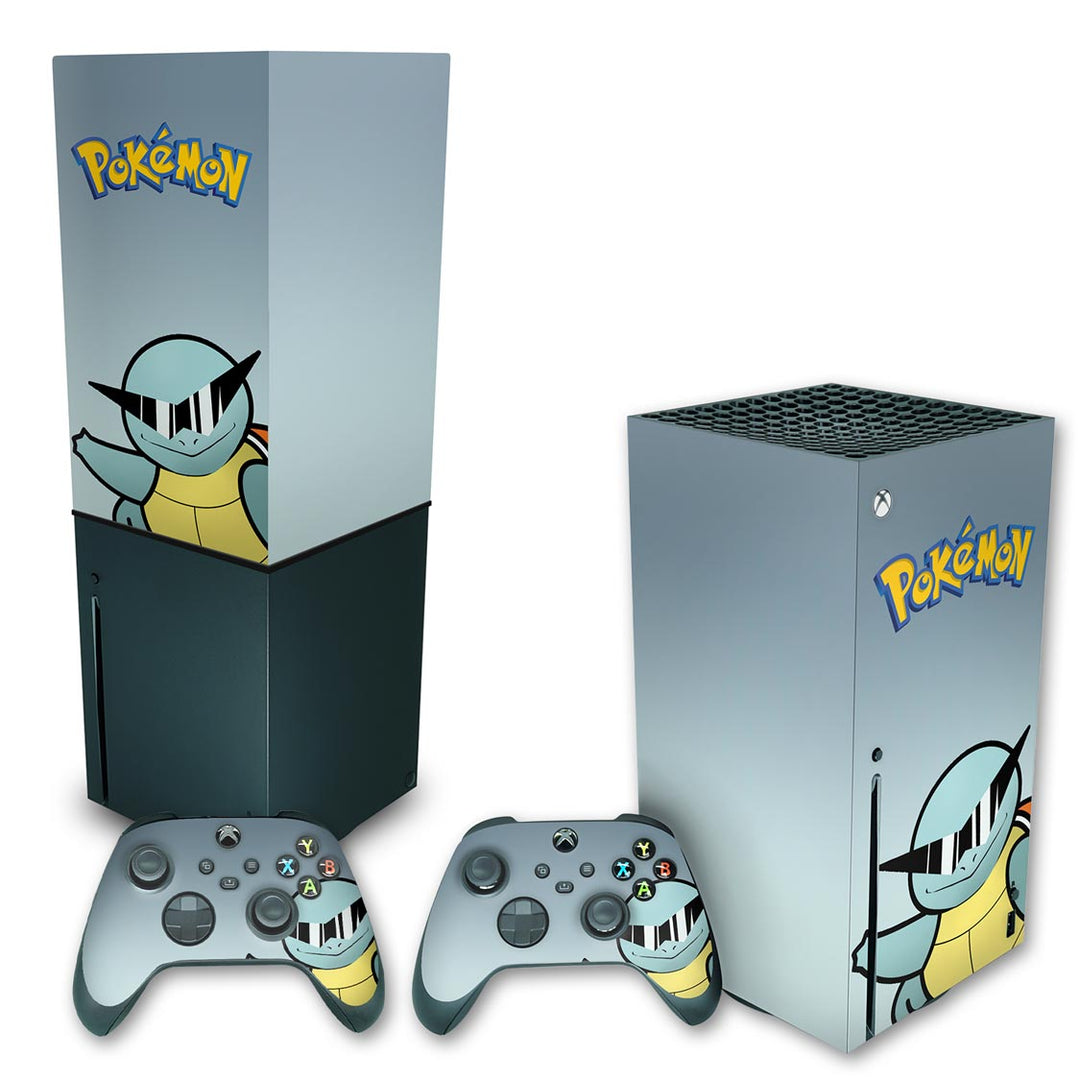 KIT Capa Anti Poeira e Skin Anti-Rage Xbox Series X Vertical - Pokemon Squirtle - Pop Arte Skins