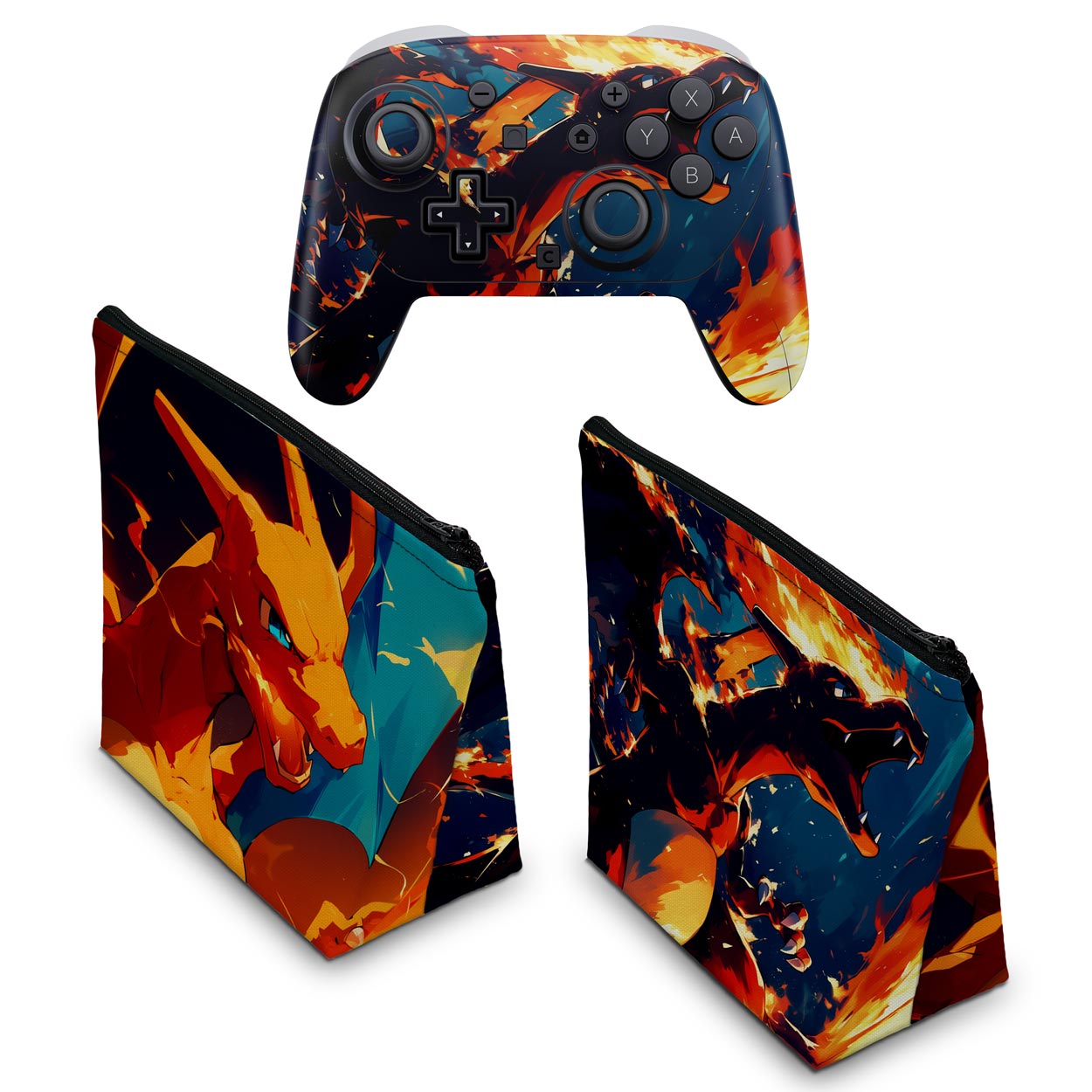 KIT Capa Case e Skin Anti-Rage Nintendo Switch 2 Pro Controle - Chamas de Charizard