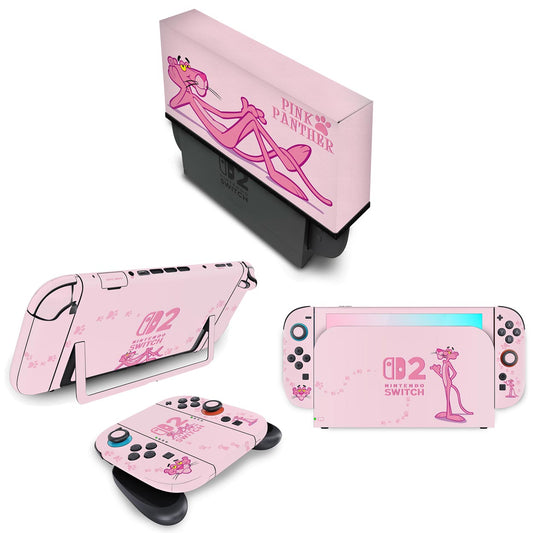 KIT Nintendo Switch 2 Skin Anti-Rage e Capa Anti Poeira - Pantera Cor de Rosa