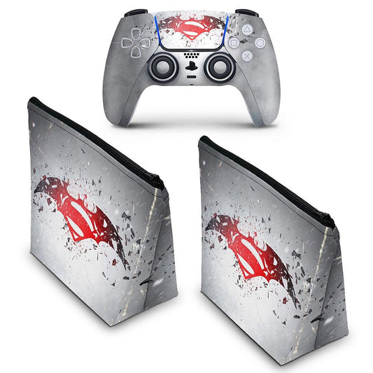 KIT Capa Case e Skin Anti-Rage PS5 Controle - Batman Vs Superman Logo