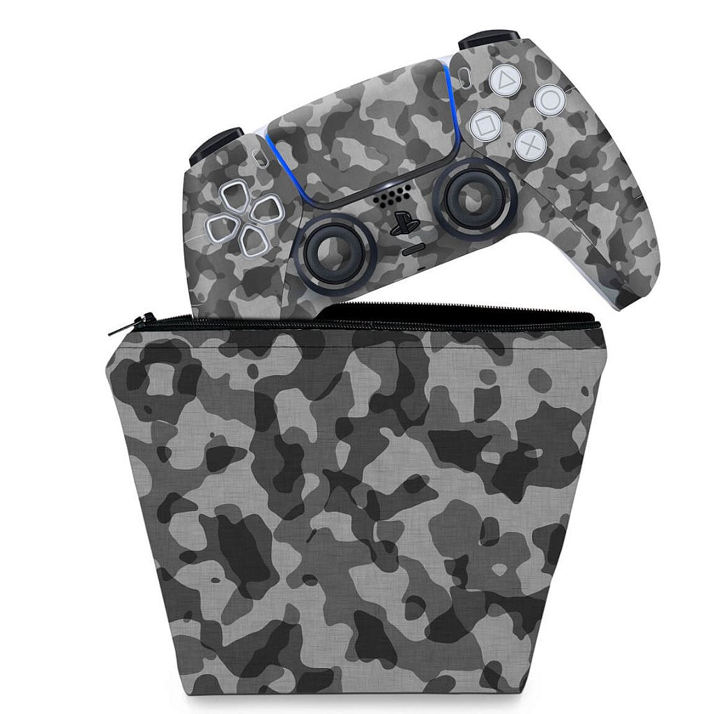 KIT Capa Case e Skin Anti-Rage PS5 Controle - Camuflado Cinza - Pop Arte Skins