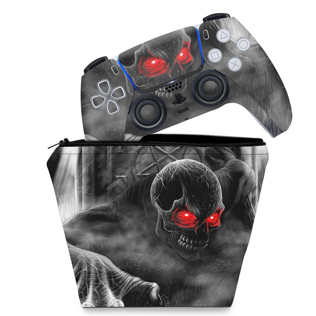 KIT Capa Case e Skin Anti-Rage PS5 Controle - Caveira Skull