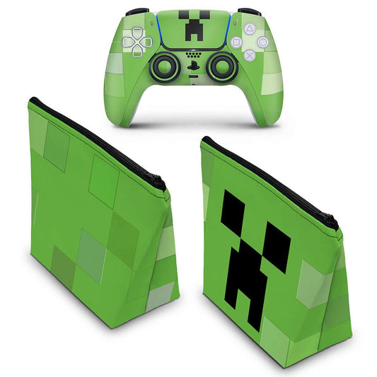 KIT Capa Case e Skin Anti-Rage PS5 Controle - Creeper Minecraft