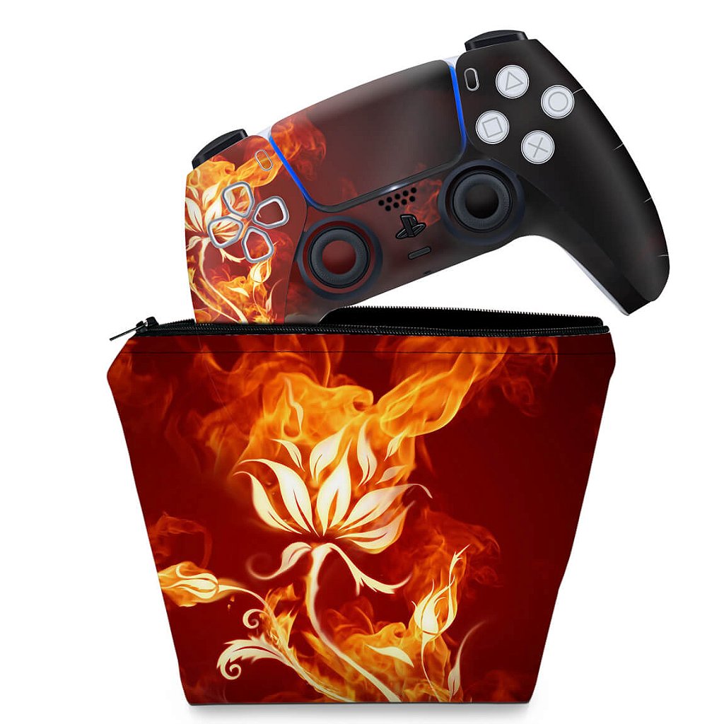 KIT Capa Case e Skin Anti-Rage PS5 Controle - Fire Flower