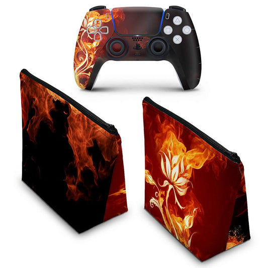 KIT Capa Case e Skin Anti-Rage PS5 Controle - Fire Flower