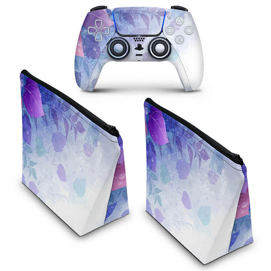 KIT Capa Case e Skin Anti-Rage PS5 Controle - Folhas Lilás