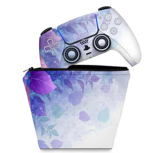 KIT Capa Case e Skin Anti-Rage PS5 Controle - Folhas Lilás