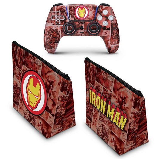 KIT Capa Case e Skin Anti-Rage PS5 Controle - Homem De Ferro Comics