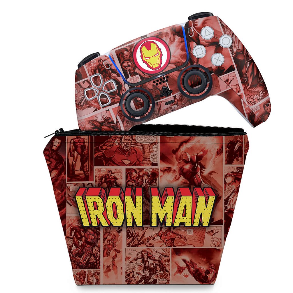 KIT Capa Case e Skin Anti-Rage PS5 Controle - Homem De Ferro Comics