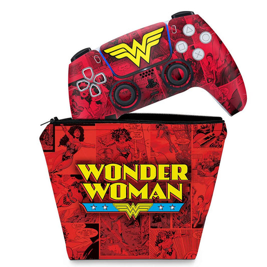 KIT Capa Case e Skin Anti-Rage PS5 Controle - Mulher Maravilha Comics