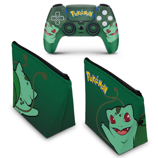 KIT Capa Case e Skin Anti-Rage PS5 Controle - Pokemon Bulbasaur