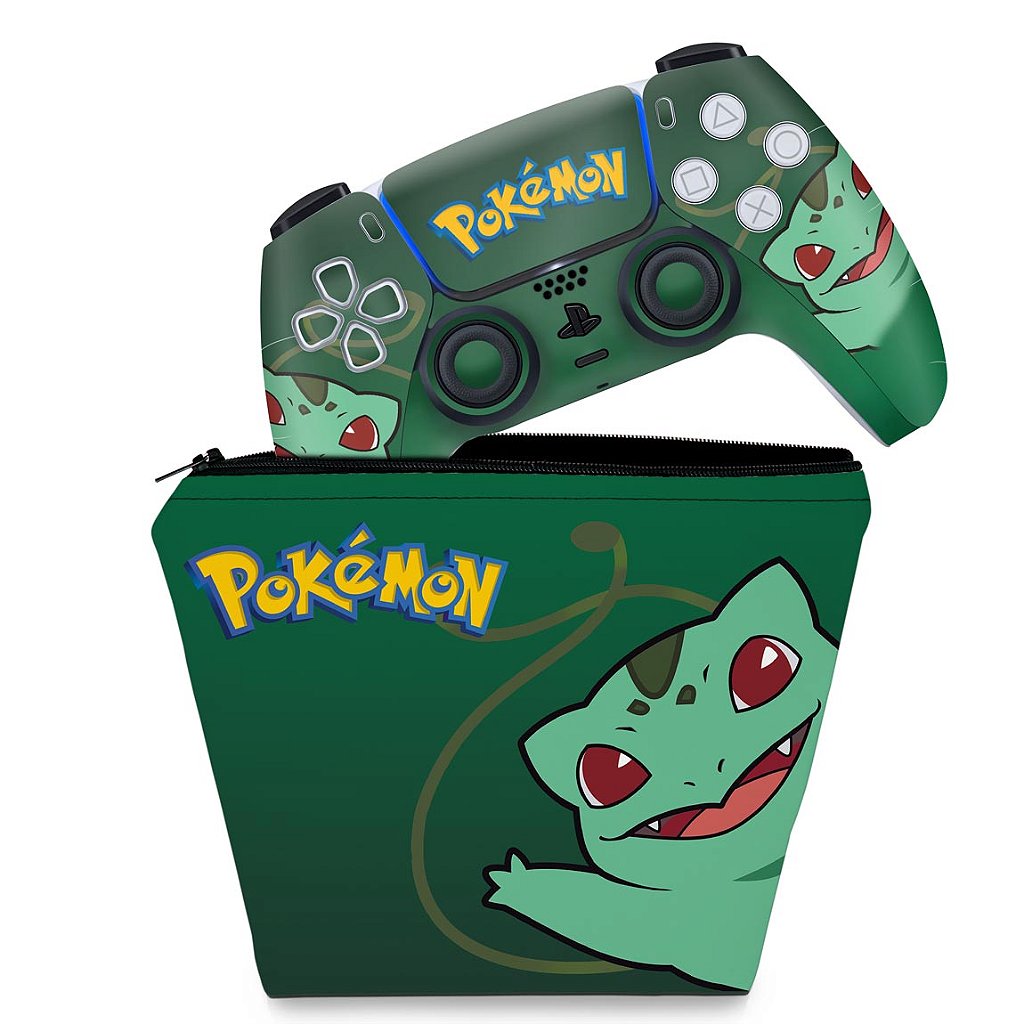 KIT Capa Case e Skin Anti-Rage PS5 Controle - Pokemon Bulbasaur