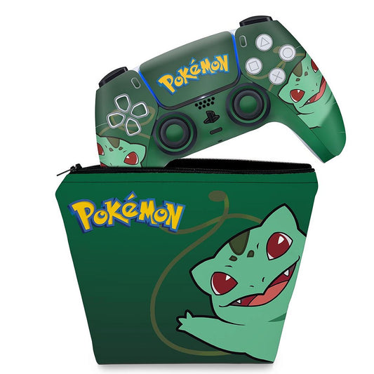 KIT Capa Case e Skin Anti-Rage PS5 Controle - Pokemon Bulbasaur