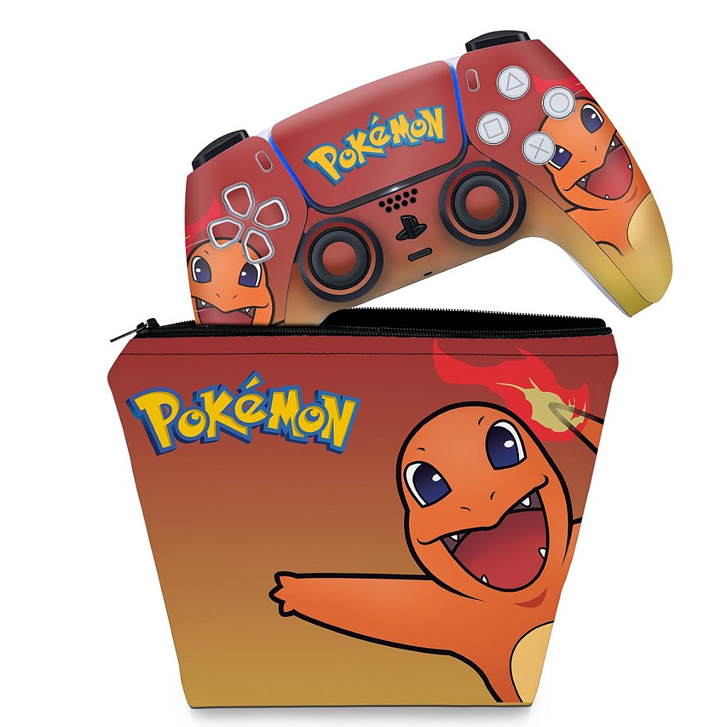 KIT Capa Case e Skin Anti-Rage PS5 Controle - Pokemon Charmander